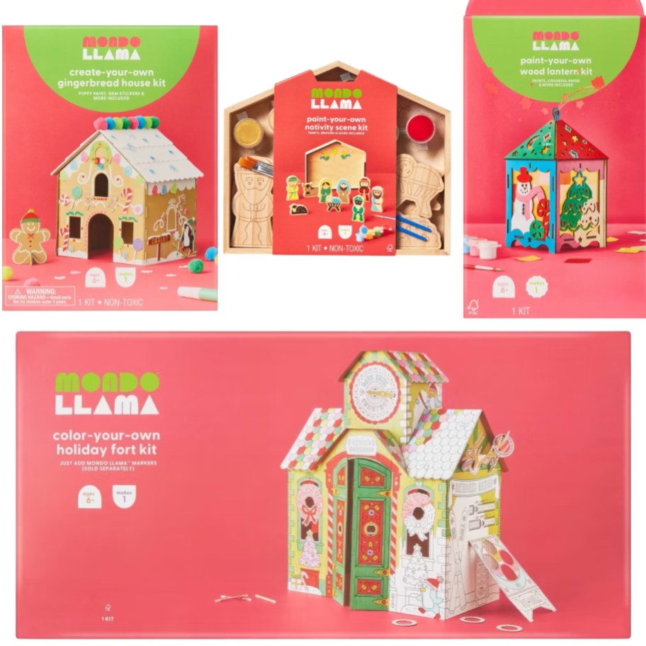 four kids Mondo Llama Christmas craft kits - gingerbread wooden house, wooden Nativity scene, lantern, and Santa's workshop fort