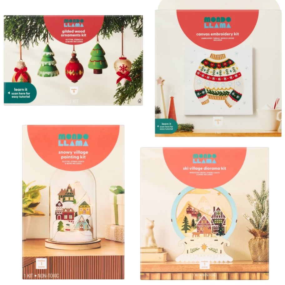 four Mondo Llama Christmas craft kit boxes - ornaments, embroidery holiday sweater, snow scene clonch, and wooden globe art