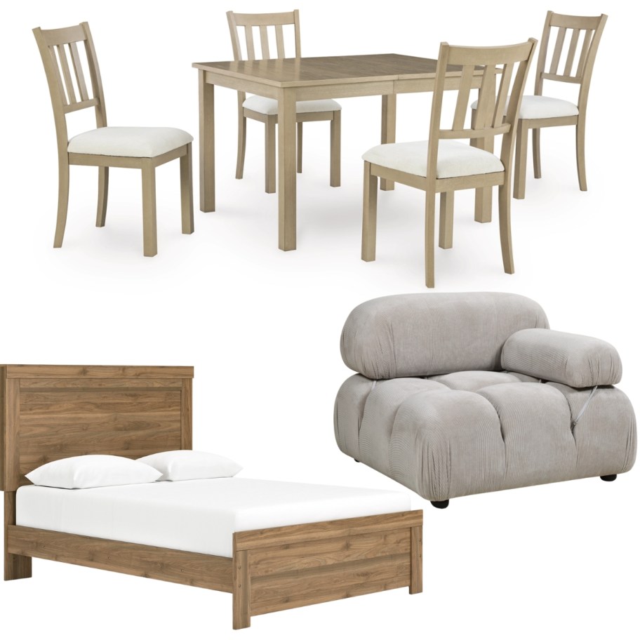 a dining table and 4 chairs, a wood platform bed, and a boucle lounge chair