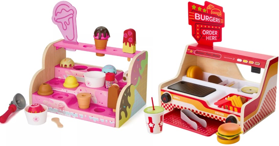 a kids wooden Ice Cream counter playset and a burger counter playset