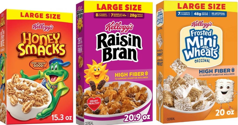 boxes of Honey Smacks, Raisin Bran, and Frosted Mini Wheats cereal