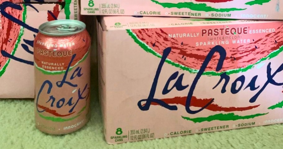 a can and cases of Watermelon La Croix drinks