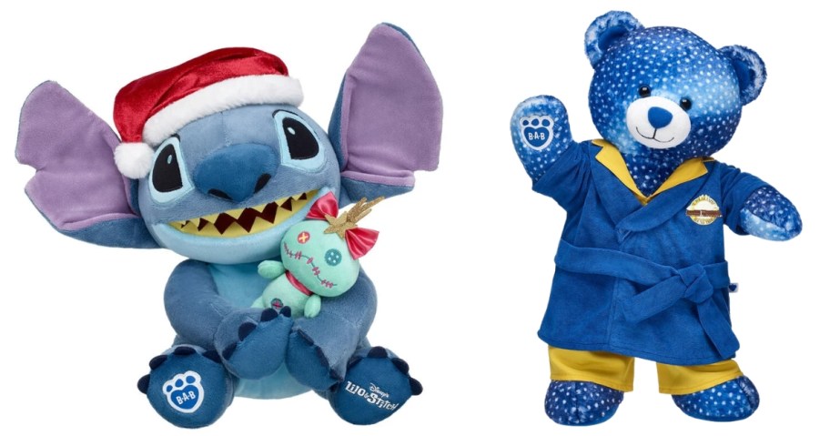 a Stitch plush with Santa hat and Squirmy, and a Polar Express bear