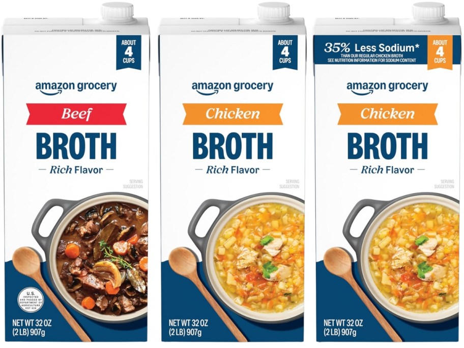 3 Amazon Grocery broth boxes in Beef, Chicken, and low sodium Chicken
