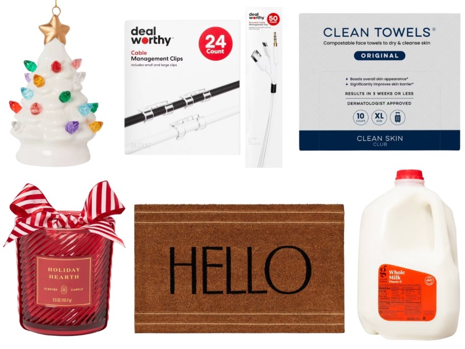 a ceramic tree ornament, cable management ties, a box of face wipes, a red holiday candle, hello doormat, and a gallon of milk