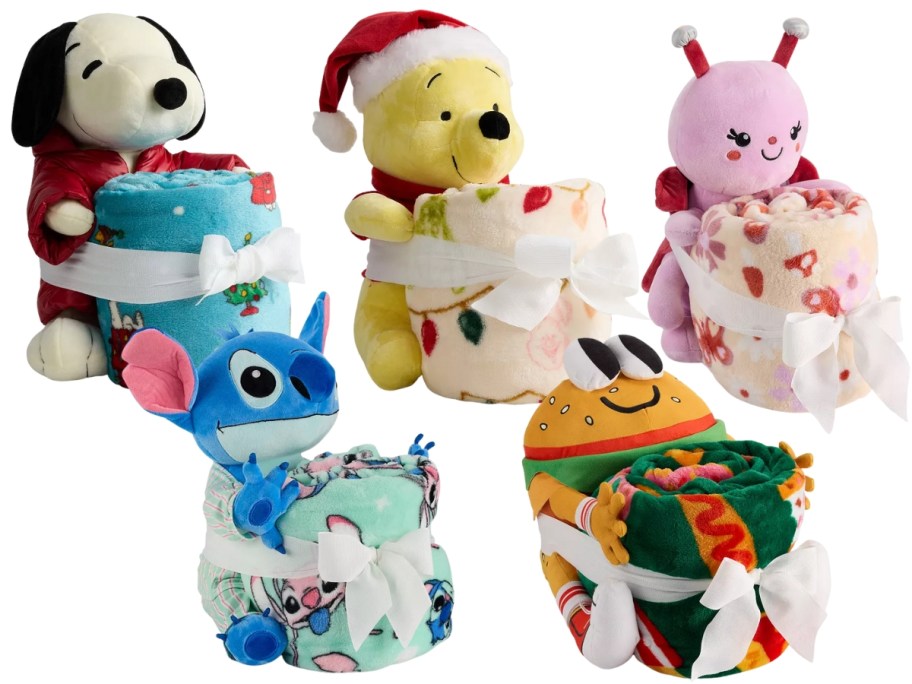 plush pillow buddies and blankets - Peanuts, Winnie the Pooh, a butterfly, Stitch, and a Cheeseburger