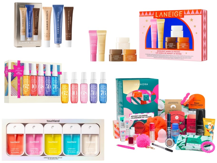 Summer Fridays lip balm set, Laneige lip mask set, Sol de Janeiro body mist set, Touchland hand sanitizer set, and a Sephora Beauty advent calendar
