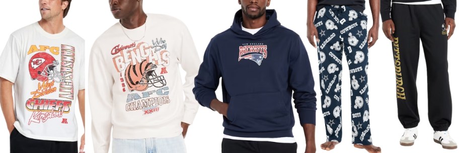 3 men wearing NFL tees, sweatshirt, hoodie, lounge pants, and joggers