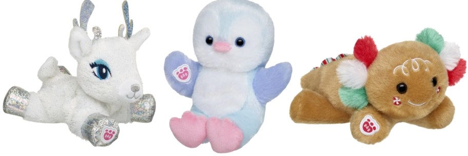 mini white and silver reindeer plush, penguin plush, and gingerbread axolotl plush