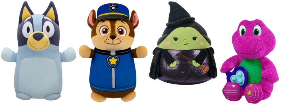 Squishmallows Bluey, Paw Patrol Chase, Elphaba, and a Barney plush