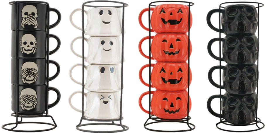 4 stacks of halloween coffee mugs