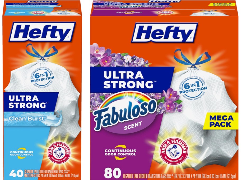 two boxes of Hefty 13-Gallon Trash Bags