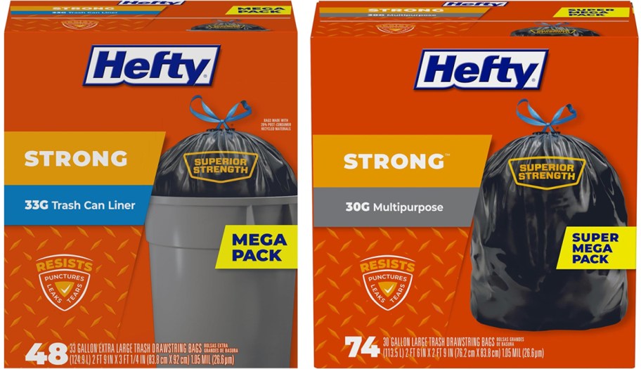 two boxes of Hefty 30-Gallon Trash Bags