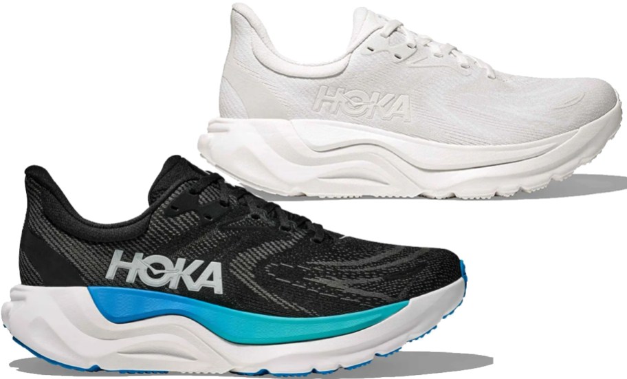 black and white pairs of hoka running shoes
