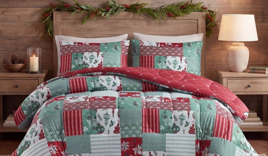 Holiday macys set in a bedroom with garland hanging from the wall