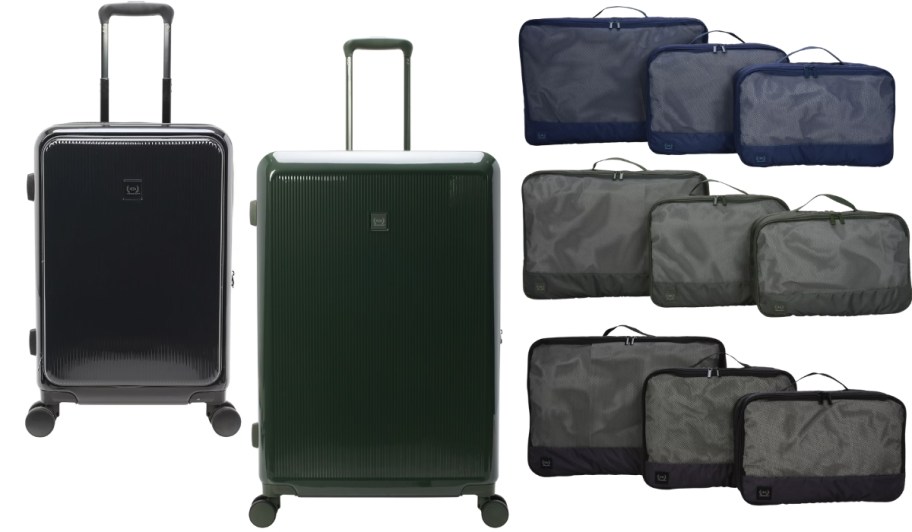 stock images of home edit hardside suitcases in two sizes and packing cubes in 3 colors