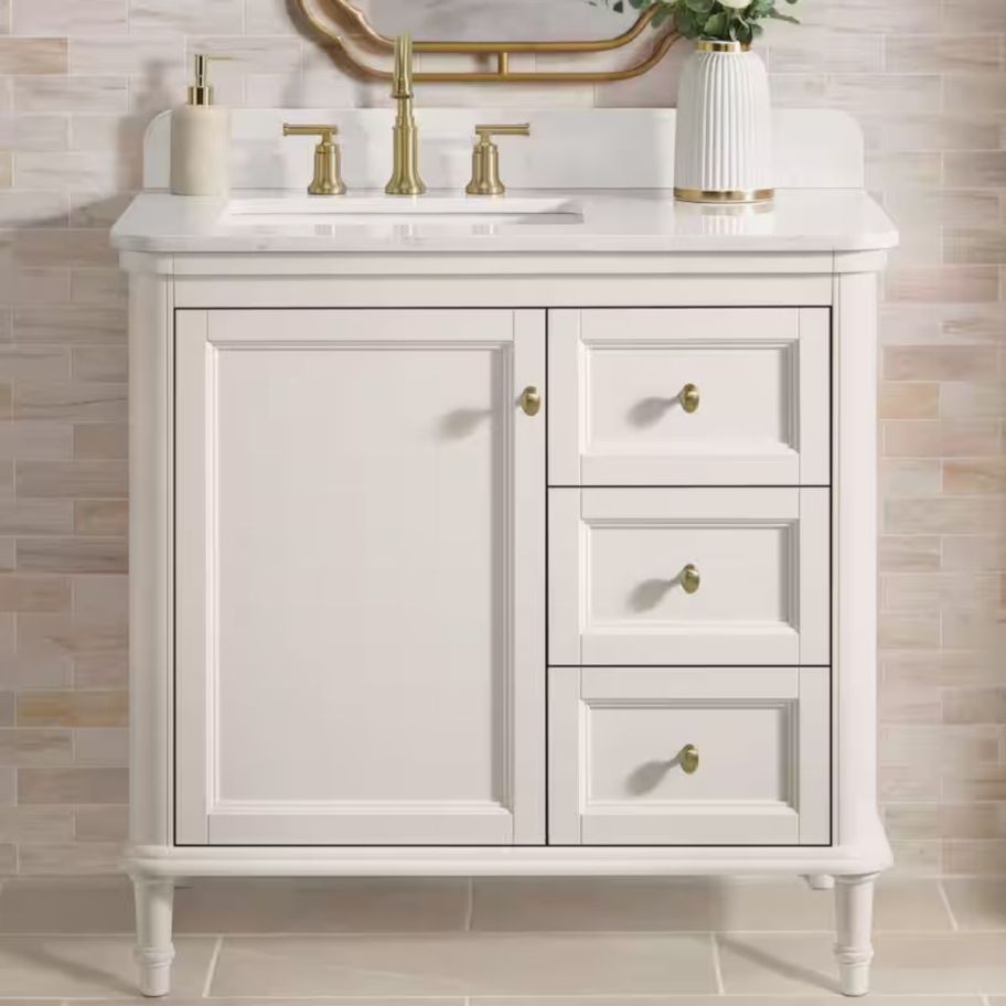 image of home depot vanity inside of the bathroom with plant on it 