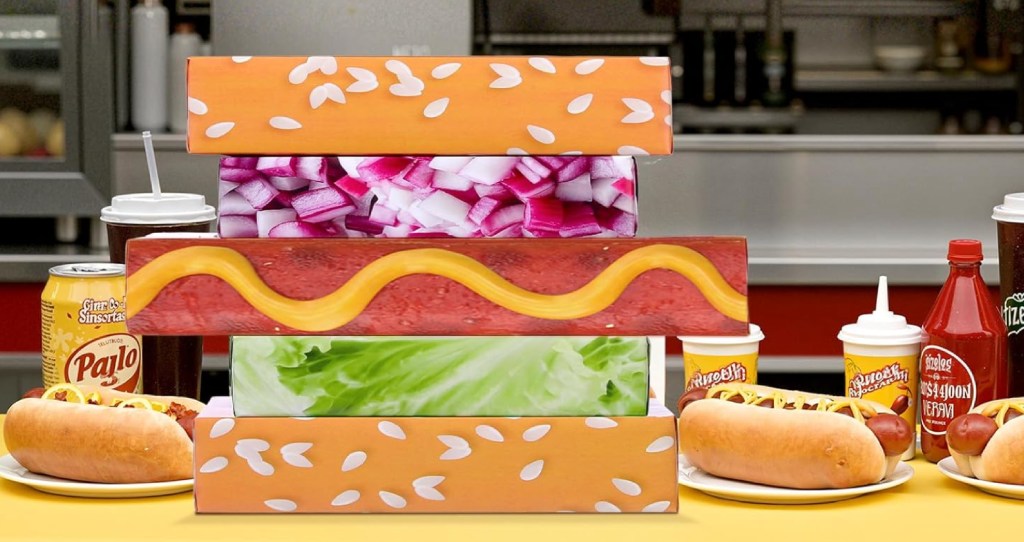 Boxes wrapped individually with different pieces of a hot dog and stacked on a table top