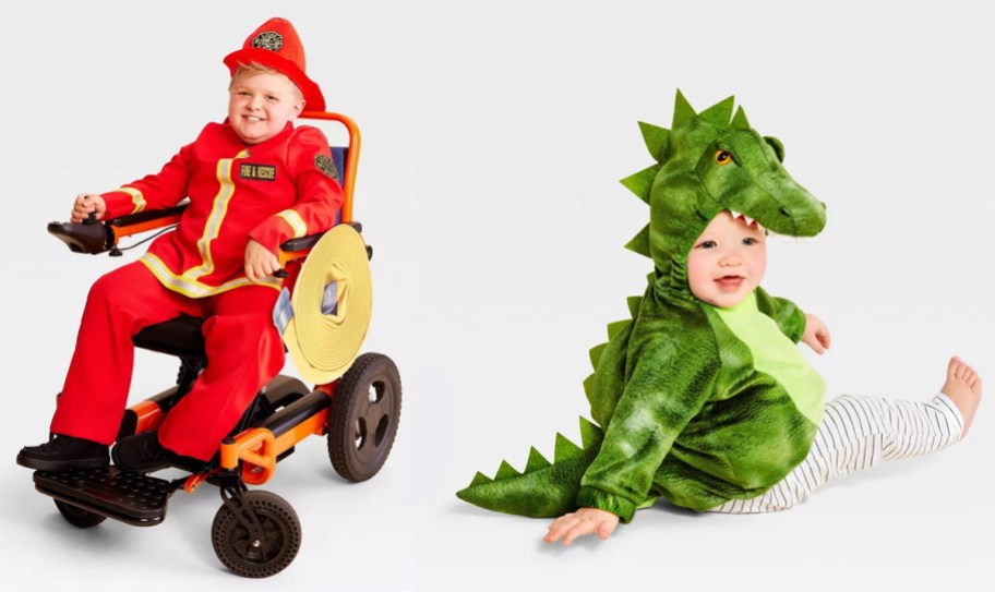 Hyde and EEK! Boutique Firefighter w: Wheel Cover Adaptive and Infant & Toddler Dinosaur Halloween Costumes