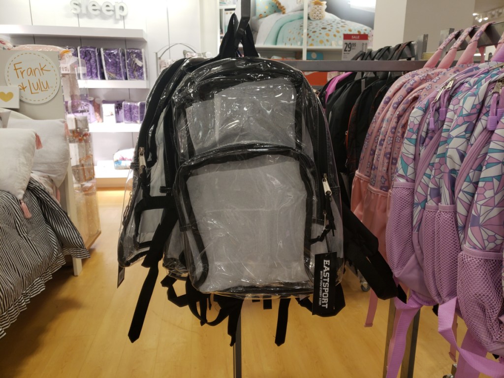 Clear backpack hanging inside JCPenney store