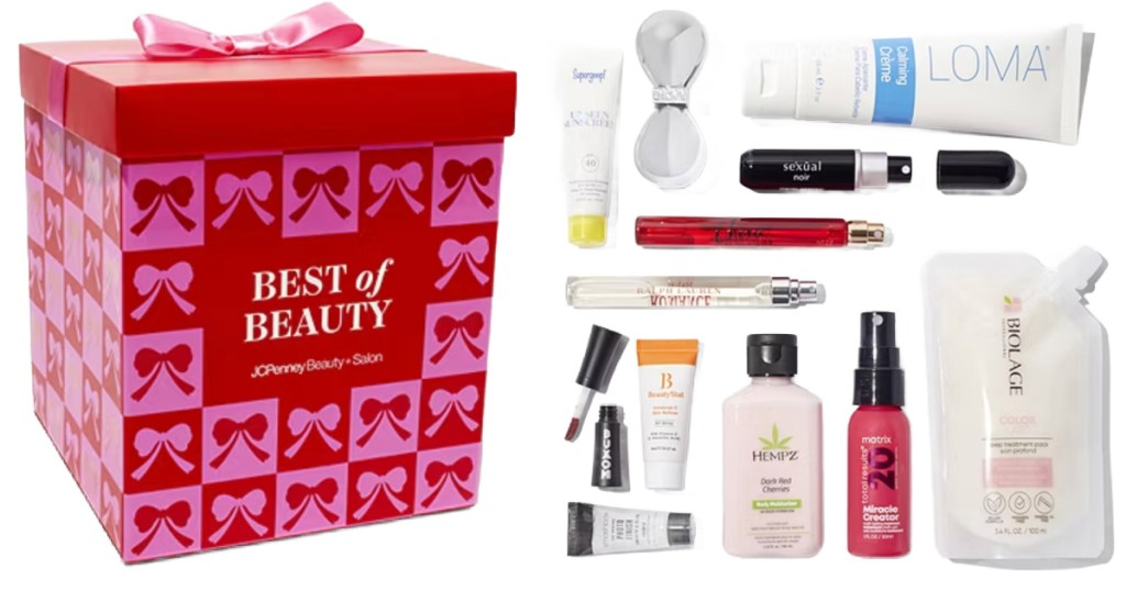 Pink and red best of beauty box filled with different beauty products from JCPenney