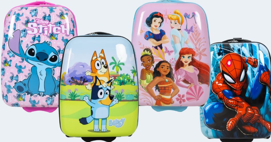 kids character luggage pieces with stitch, disney princesses, bluey, and spider-man