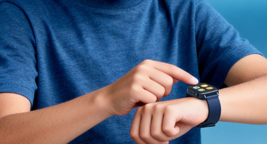 A child playing with a navy blue smartwatch