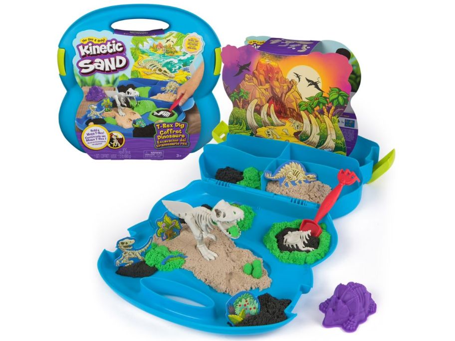 a plastic box with Kinetic Sand and a T-Rex Dig Set 