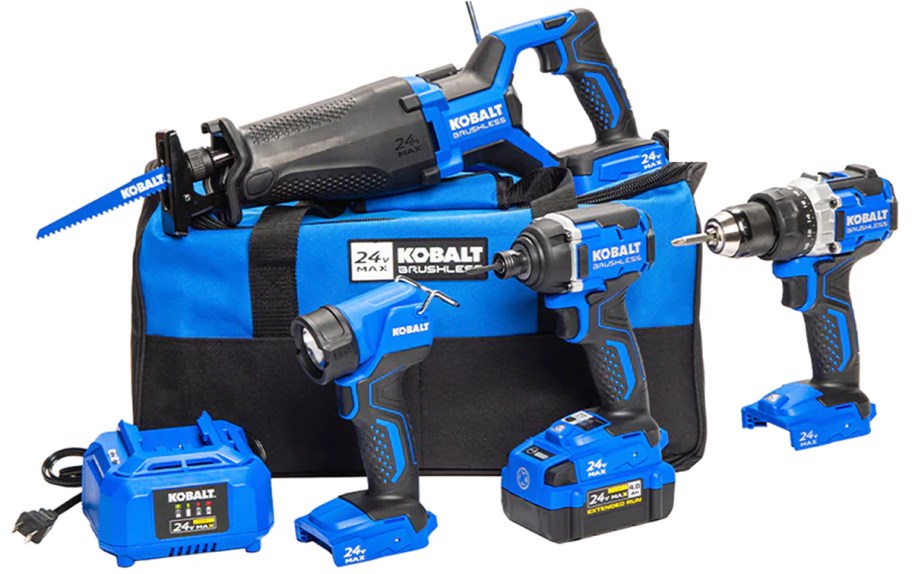 black and blue power tools, tool bag, charger, and battery