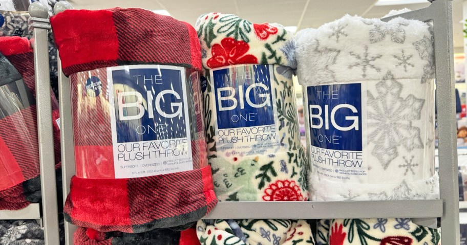 holiday blankets on display in store