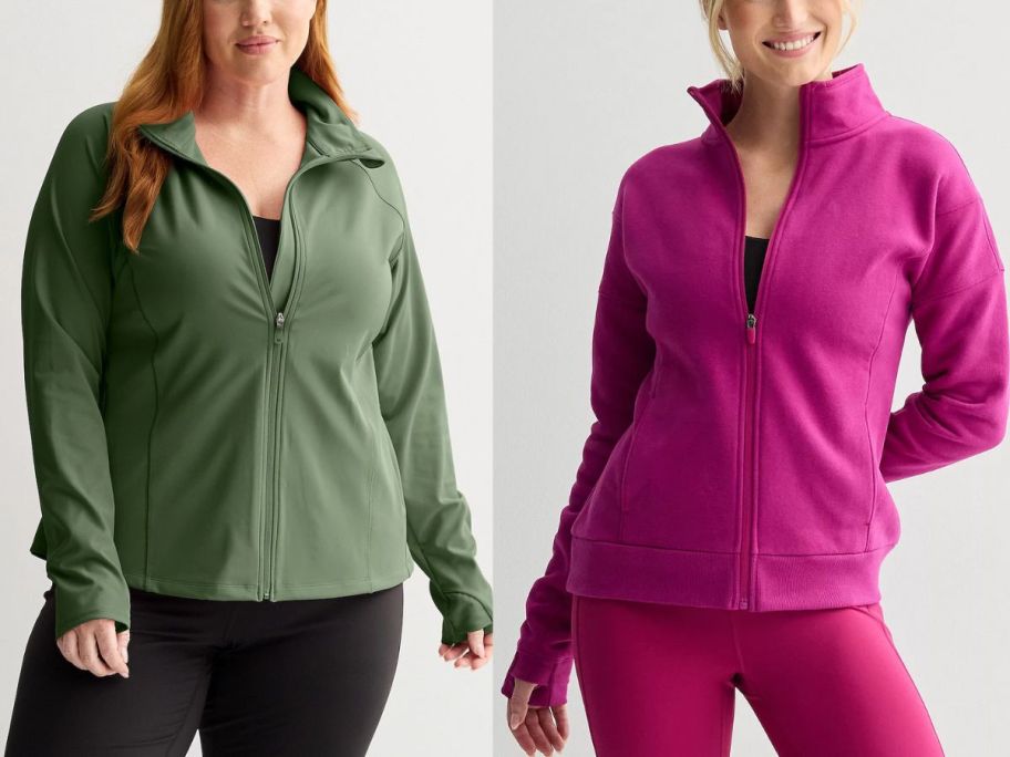 Women wearing Kohls tek gear jackets in green and pink