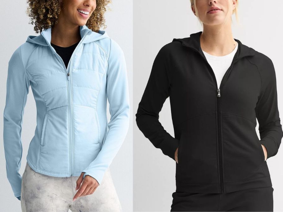 Women wearing Kohls tek gear jackets in blue and black