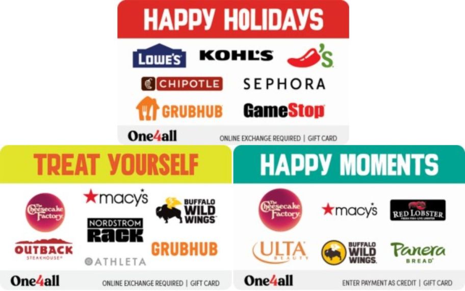 3 Gift Cards with various restaurants and store featured on them 
