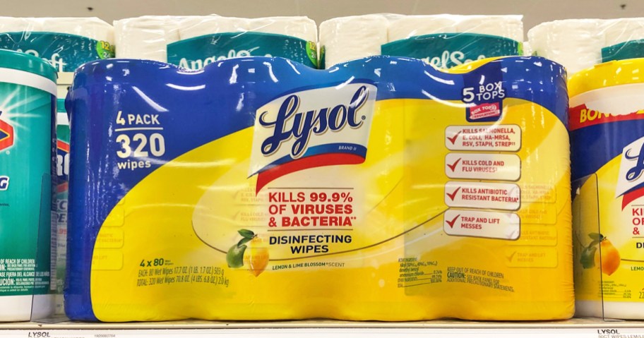 large pack of Lysol Disinfectant Wipes on store shelf