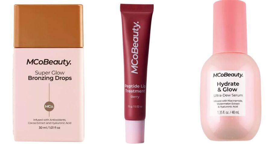 MCoBeauty Super Glow Bronzing Drops, Peptide Lip Treatment, and Hydrate & Glow Ultra-Dew Serum