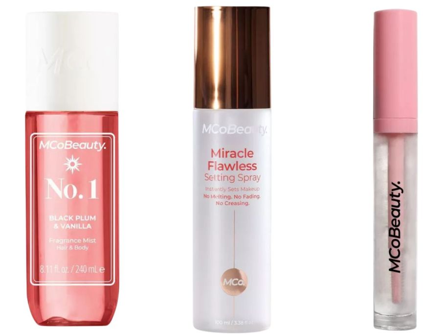 MCoBeauty Fragrance Mist No.1, Miracle Flawless Setting Spray, and Clear Brow Gel