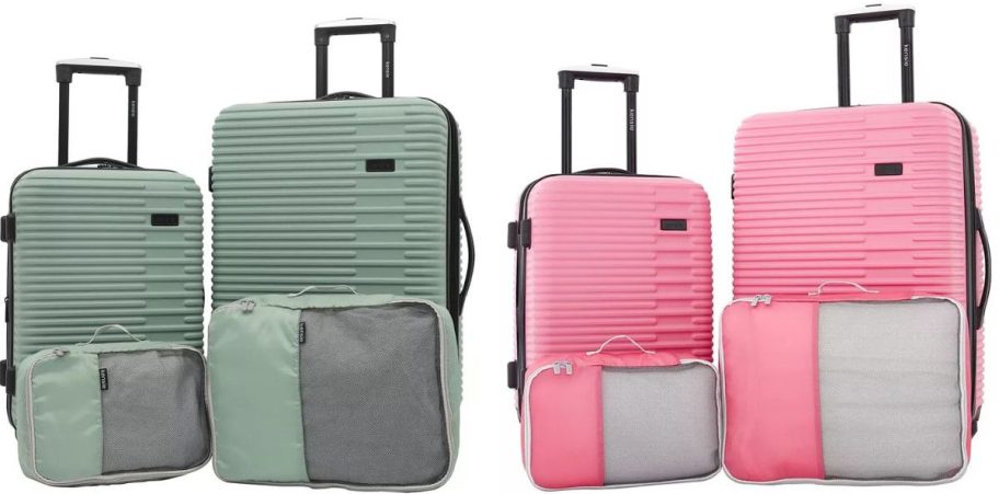 Stock images of two 4-piece luggage sets from Macy's