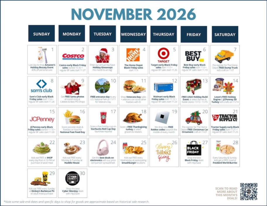 november 2026 calendar printable with various sales and deals