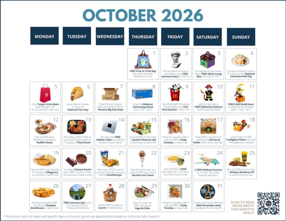 october 2026 calendar of best sales and free food
