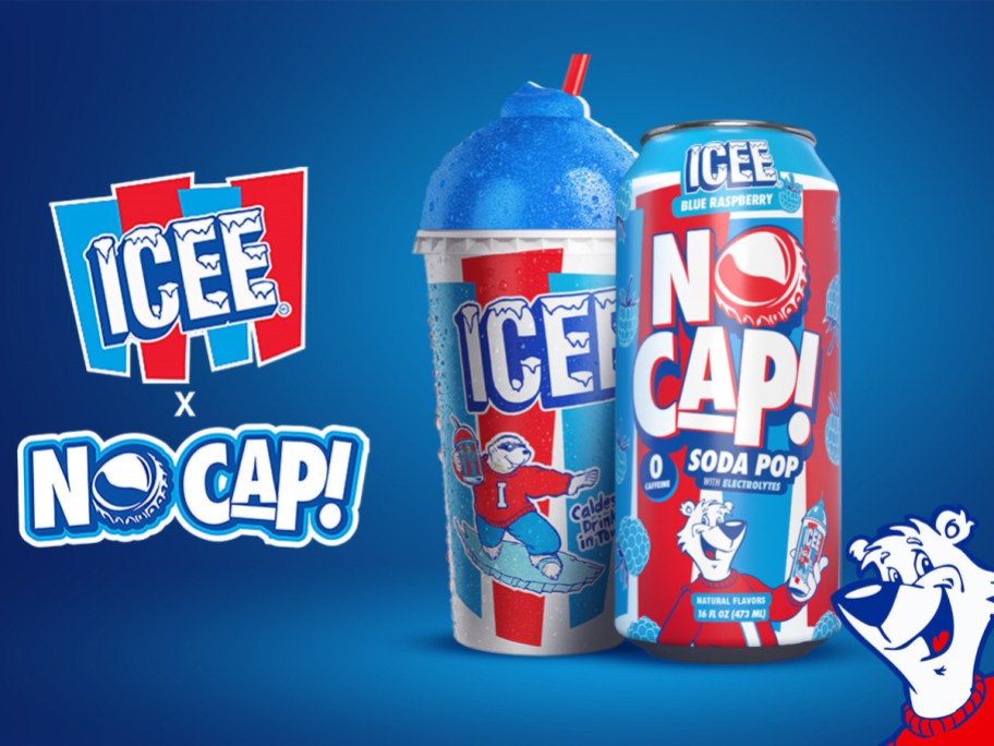 blue raspberry icee and canned drink on a blue background