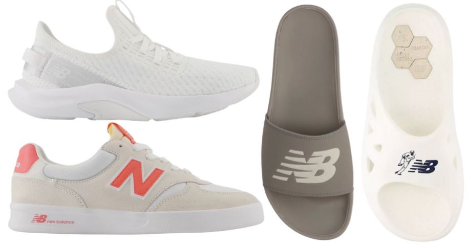 2 New Balance sneakers and 2 slides
