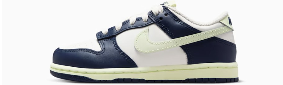 navy blue, white, and light green nike sneaker