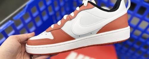 hand holding a nike sneaker above blue shopping cart
