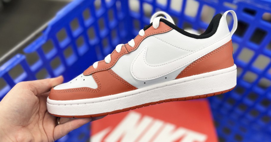 hand holding a nike sneaker above blue shopping cart