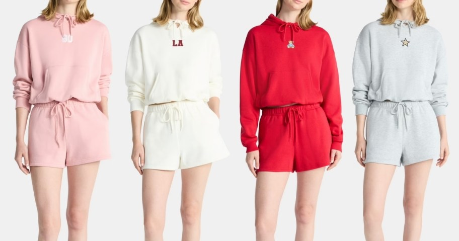 women wearing no boundaries bubble hem hoodie and shorts lounge sets in four colors