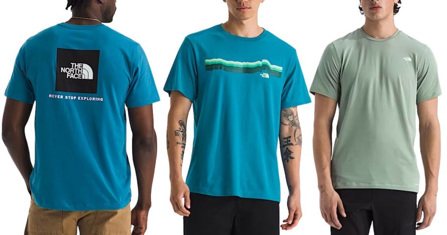 Stock image of three different north face mens t-shirts