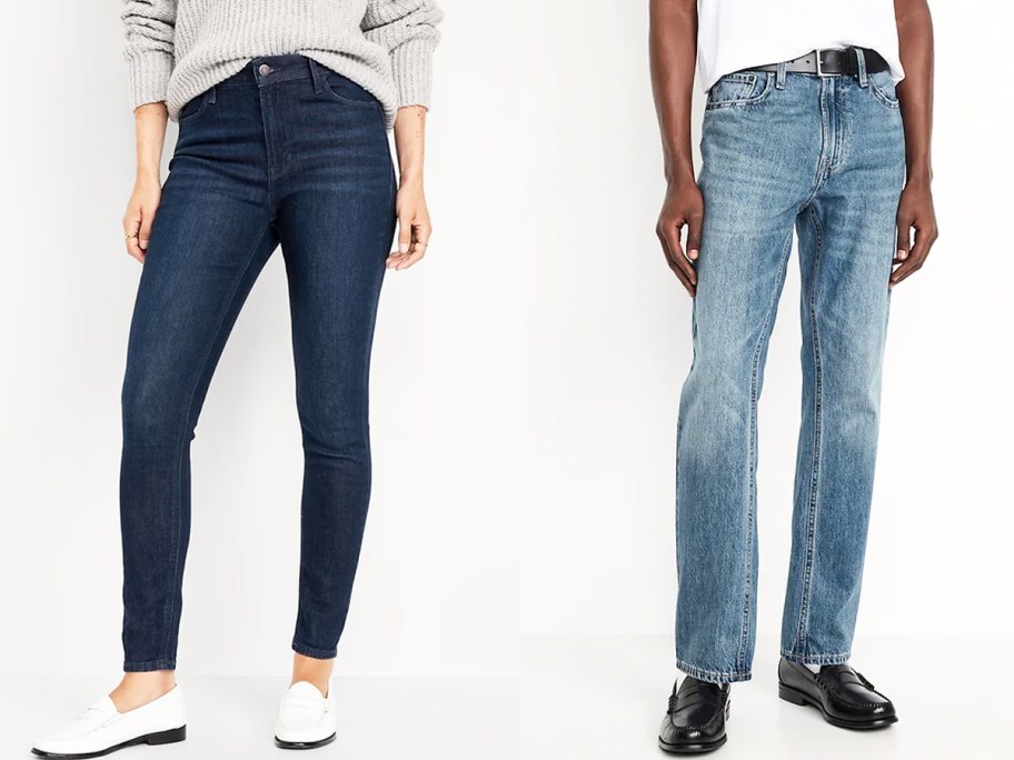 woman and man modeling jeans