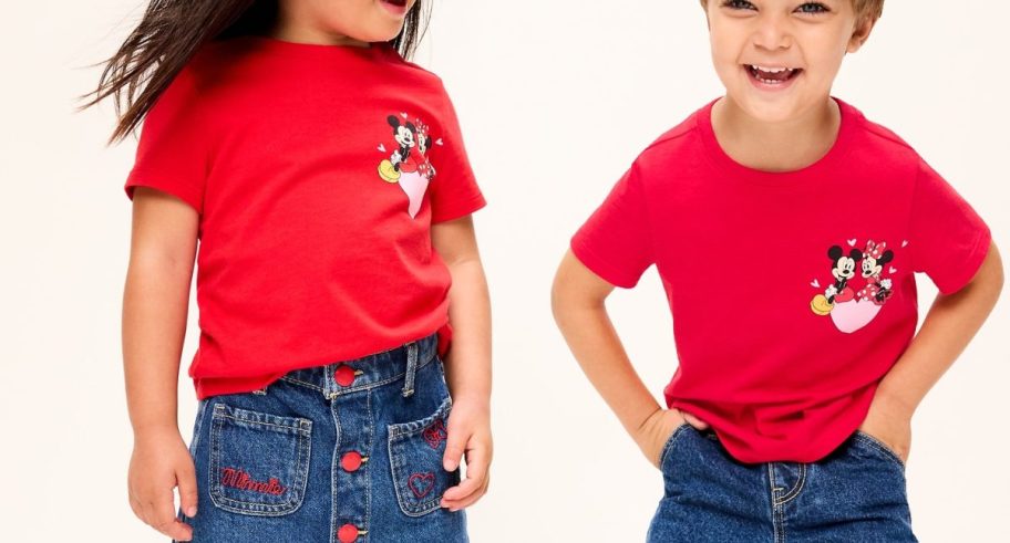 Two kids wearing Old Navy Disney Valentine's Day shirts.