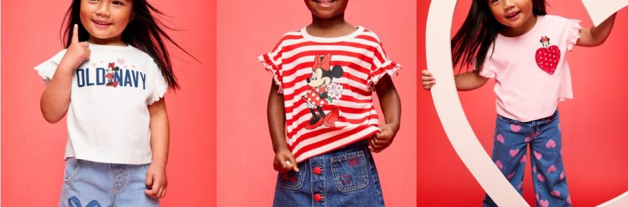 Three kids wearing Old Navy Disney Valentine's Day shirts.