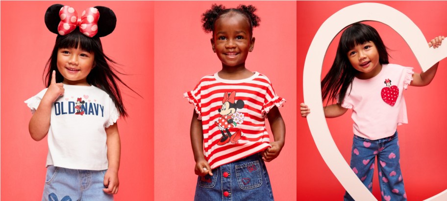 Three kids wearing Old Navy Disney Valentine's Day shirts.